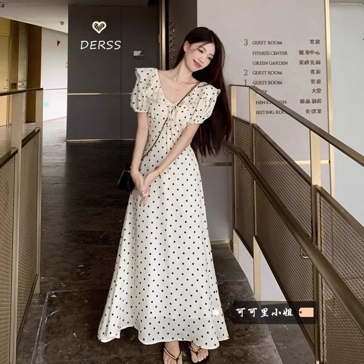 French Polka Dot Puff Sleeve Ruffle Waist Dress for Women