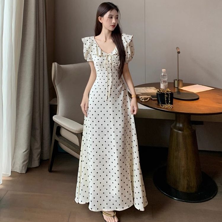 French Polka Dot Puff Sleeve Ruffle Waist Dress for Women