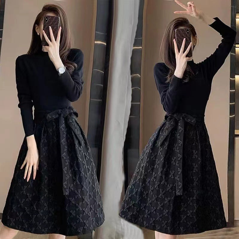 Hepburn Style Black Midi Dress for Women Autumn