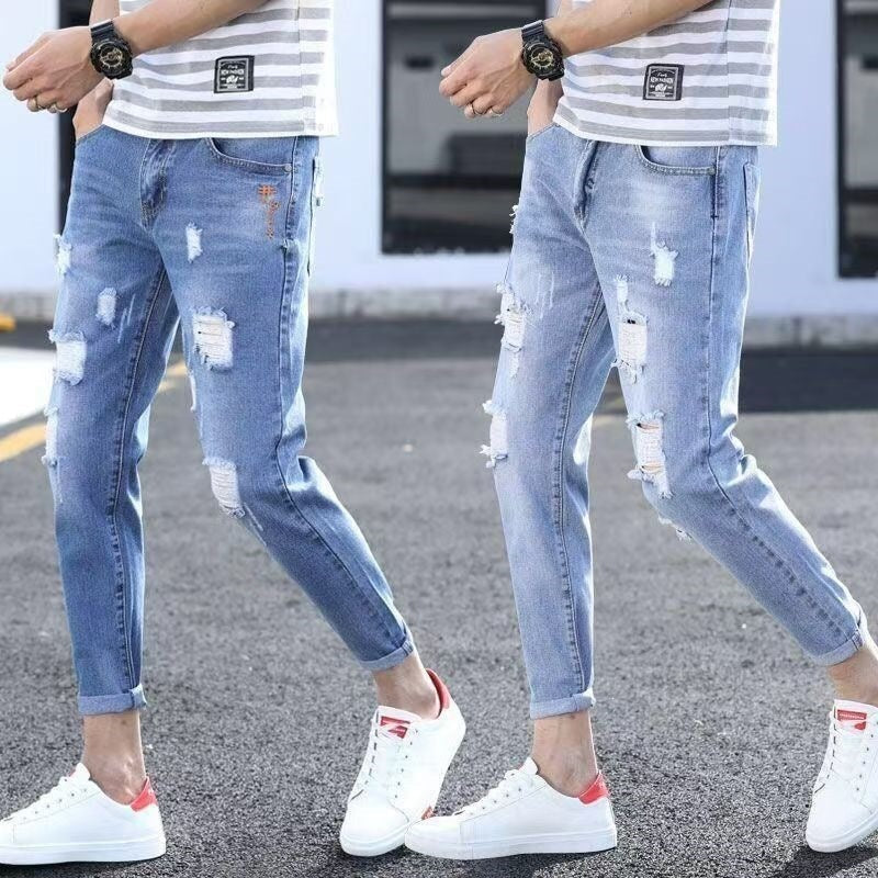 Men’s Korean Style Ripped Cropped Skinny Jeans