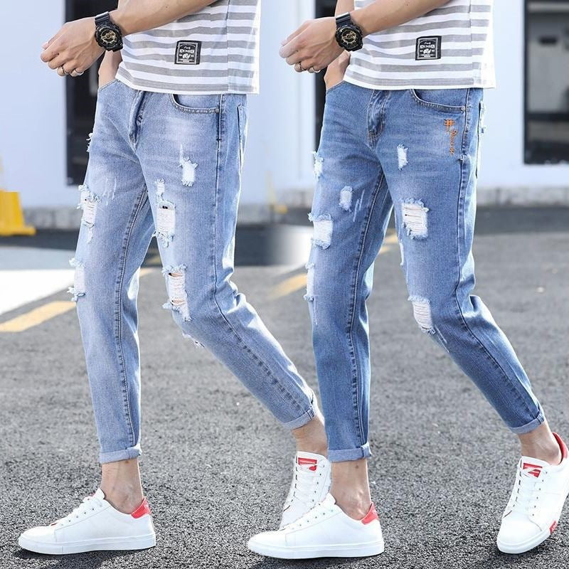 Men’s Korean Style Ripped Cropped Skinny Jeans