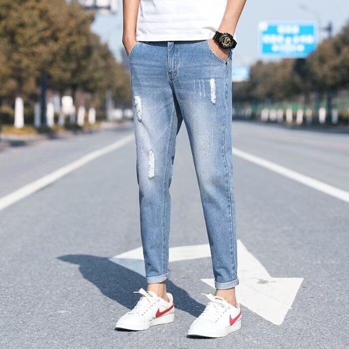 Men’s Korean Style Ripped Cropped Skinny Jeans