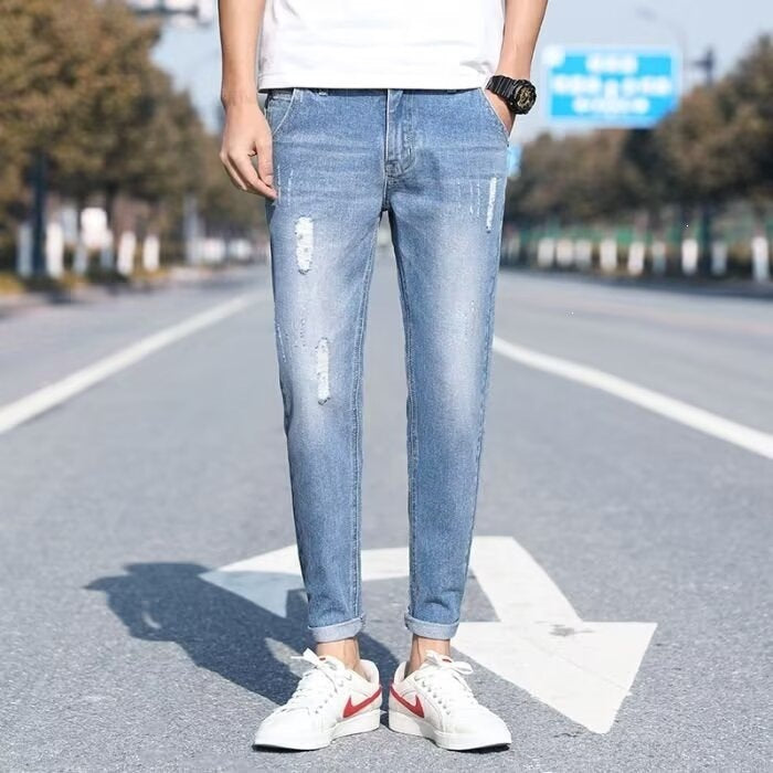 Men’s Korean Style Ripped Cropped Skinny Jeans