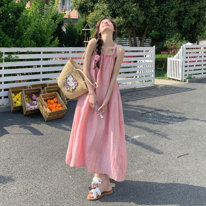 Pink Sling Maxi Dress for Women Summer Beach Style
