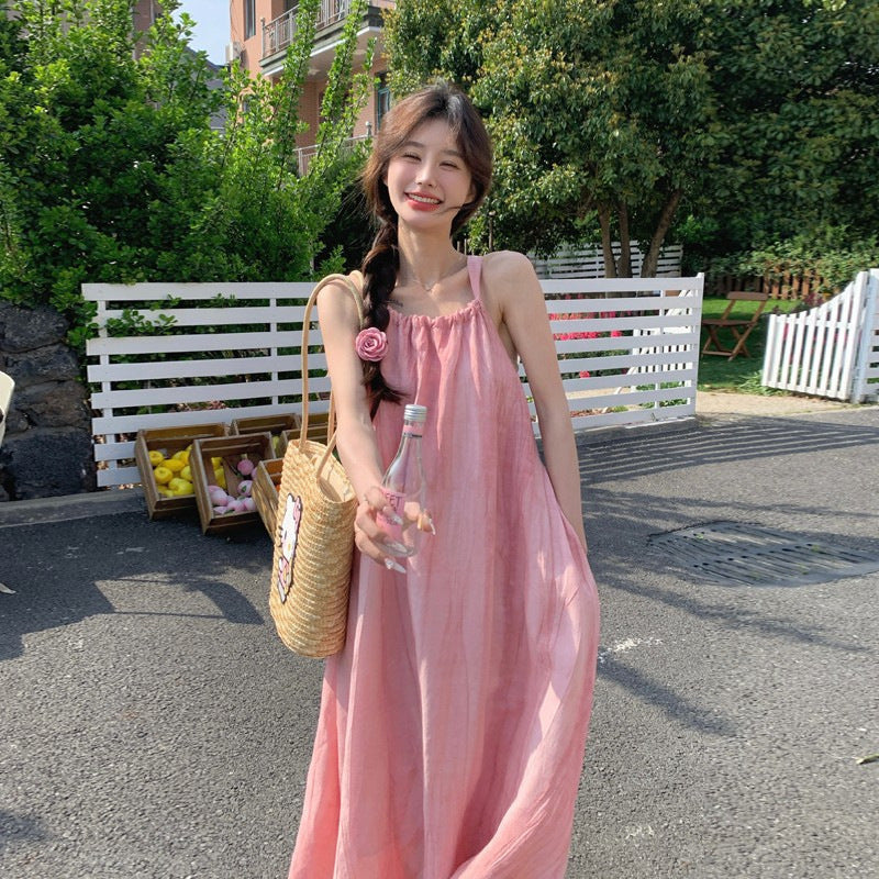 Pink Sling Maxi Dress for Women Summer Beach Style