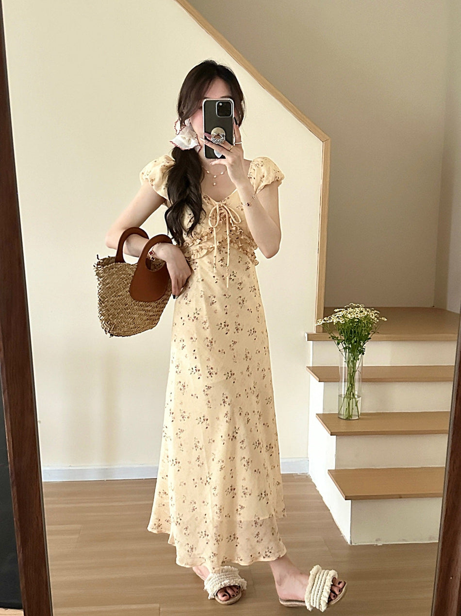 French V Neck Floral Midi Dress for Women Summer