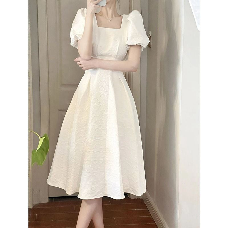 French Square Neck White Maxi Dress for Women Summer