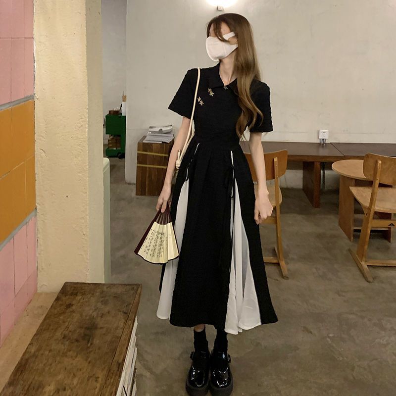 French Style Black Cheongsam Midi Dress for Women
