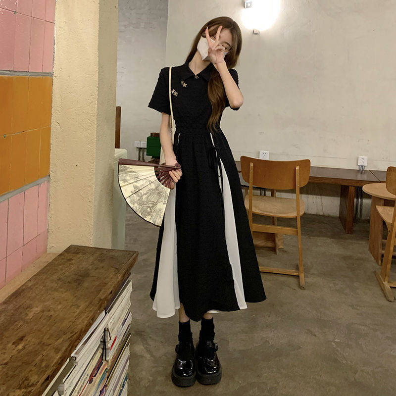 French Style Black Cheongsam Midi Dress for Women