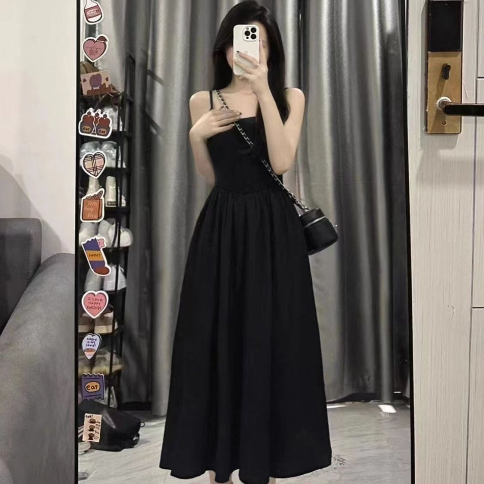 French Style Slim Waist Sling A-Line Dress for Women