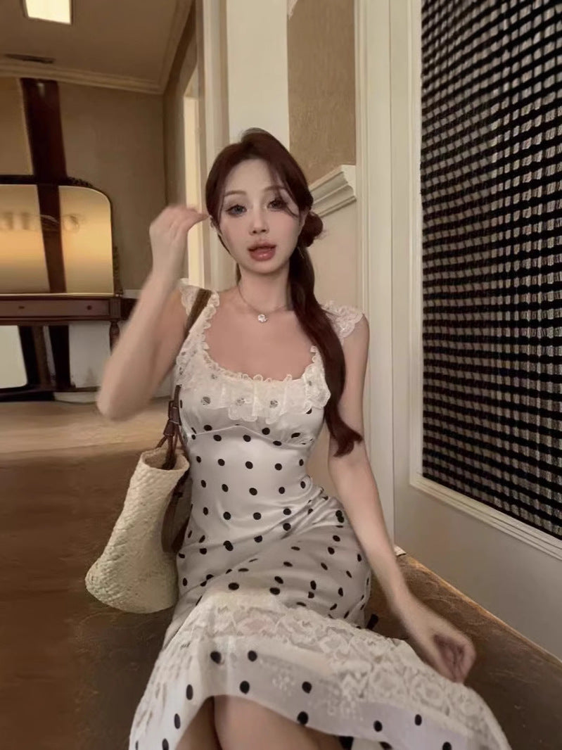 Lace Backless Polka Dot Suspender Dress for Women