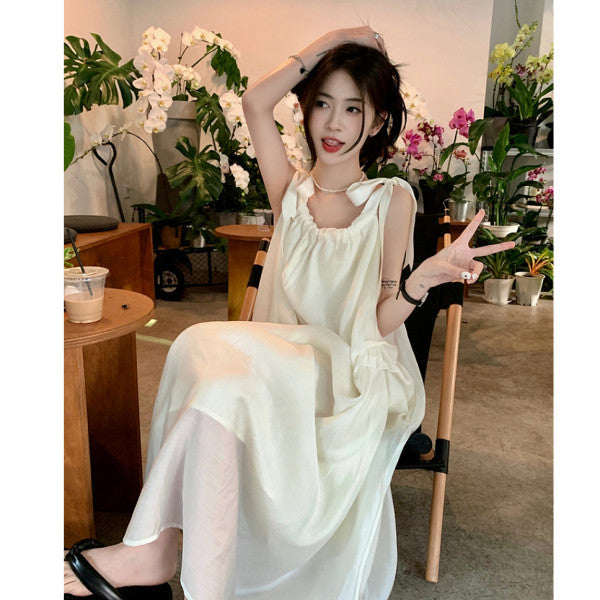 French Lazy Holiday Style Suspender Midi Dress for Women