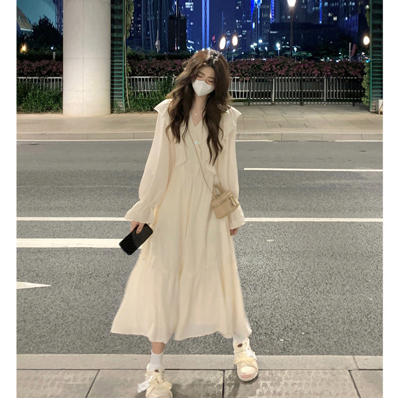 French Apricot Ruffle Long Sleeve Midi Dress for Women