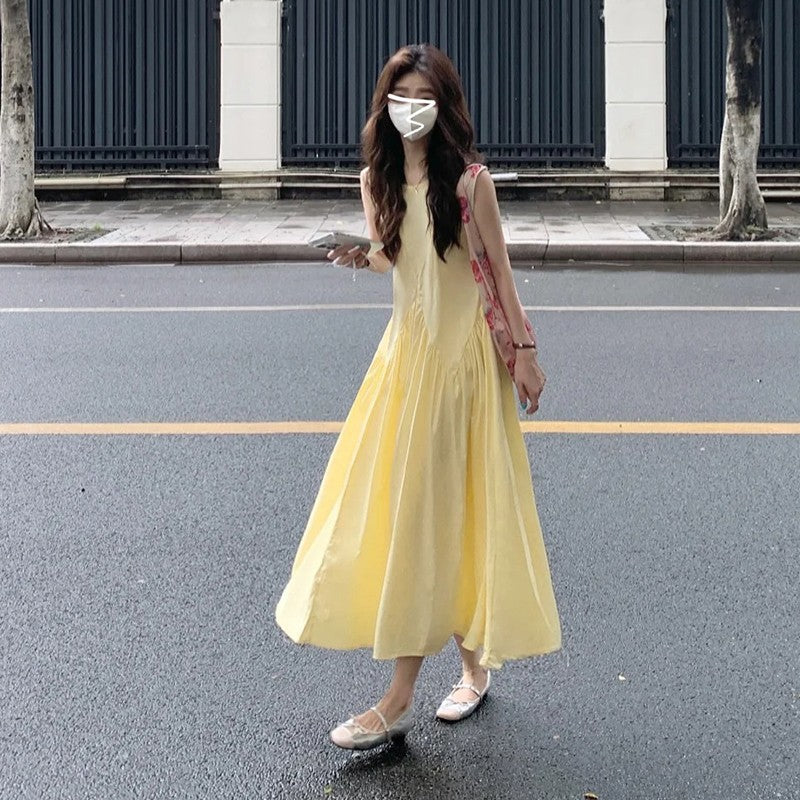 French Style Light Yellow Sleeveless A-Line Maxi Dress