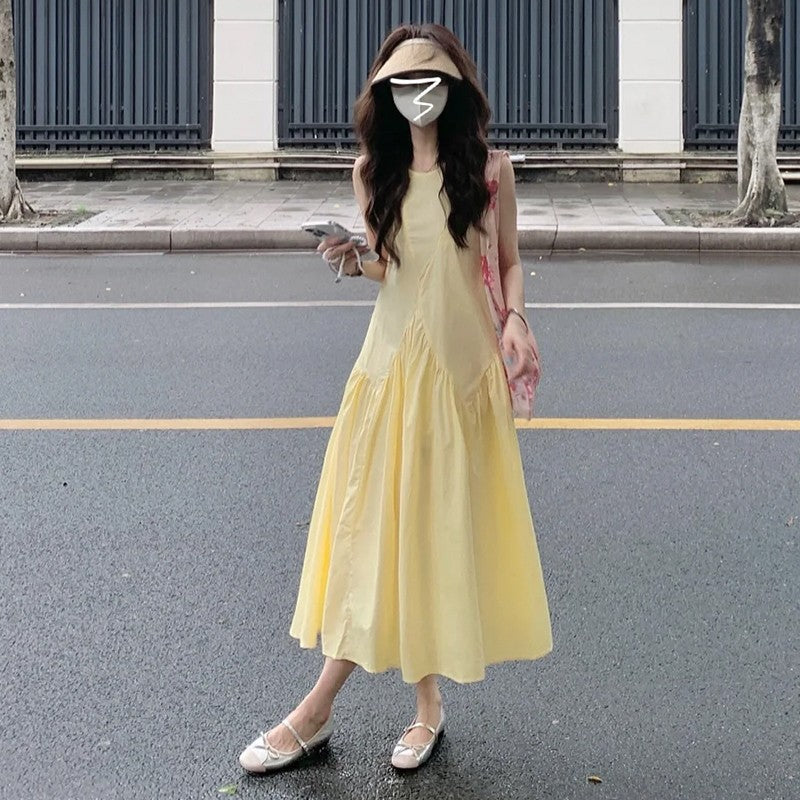 French Style Light Yellow Sleeveless A-Line Maxi Dress