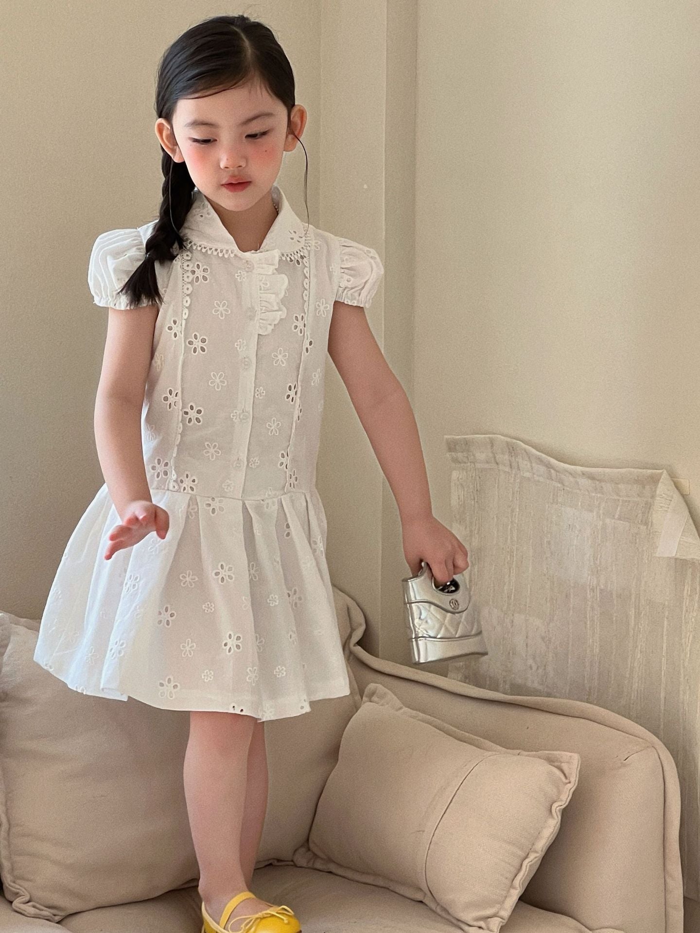 Girls White Puff Sleeve Shirt Dress Summer 2026 – Summer Kids Fashion Nepal | Tudoholic