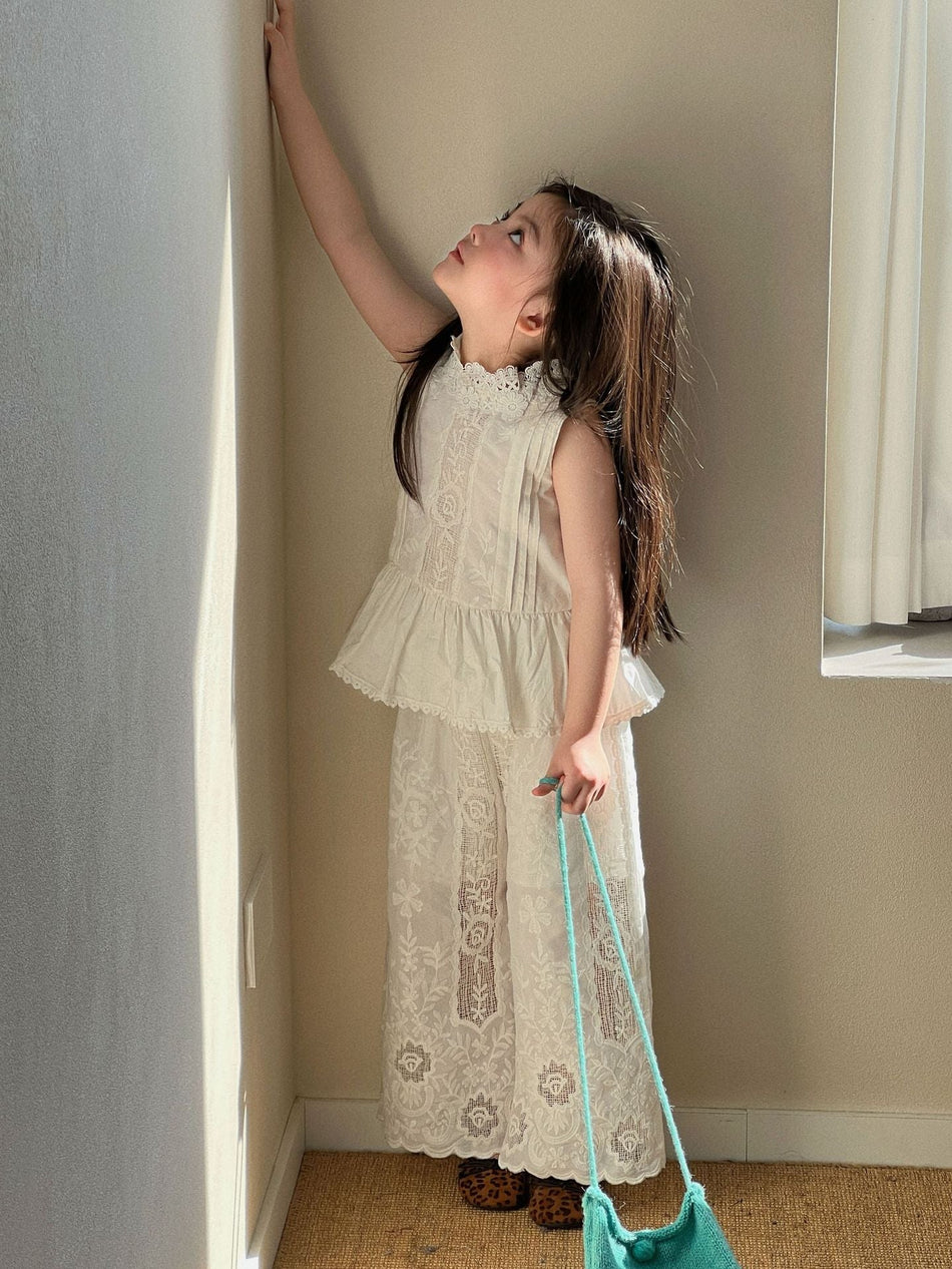Girls Lace Stand Collar Set Wide Leg Pants Summer – Summer Kids Fashion Nepal | Tudoholic