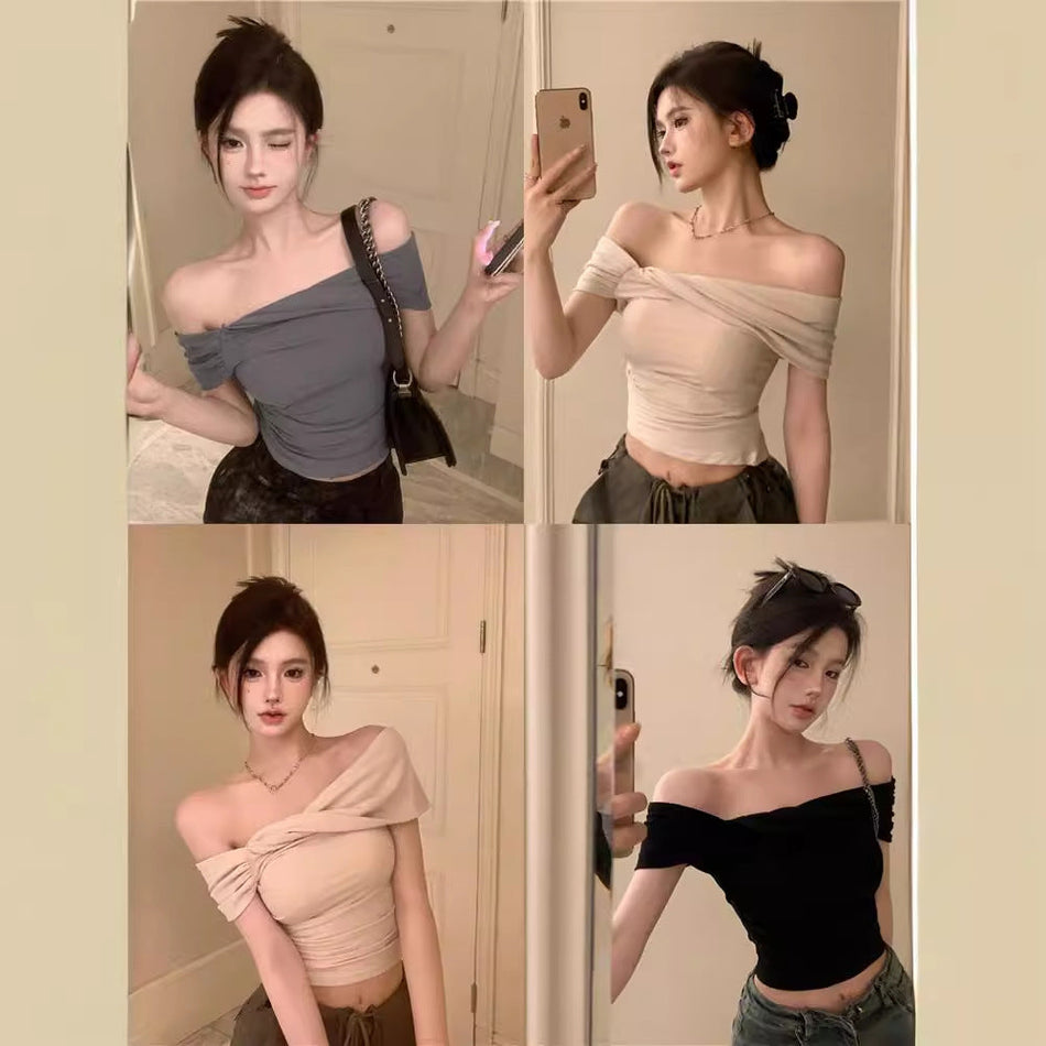 One Shoulder Twist Short Sleeve Top for Women Summer