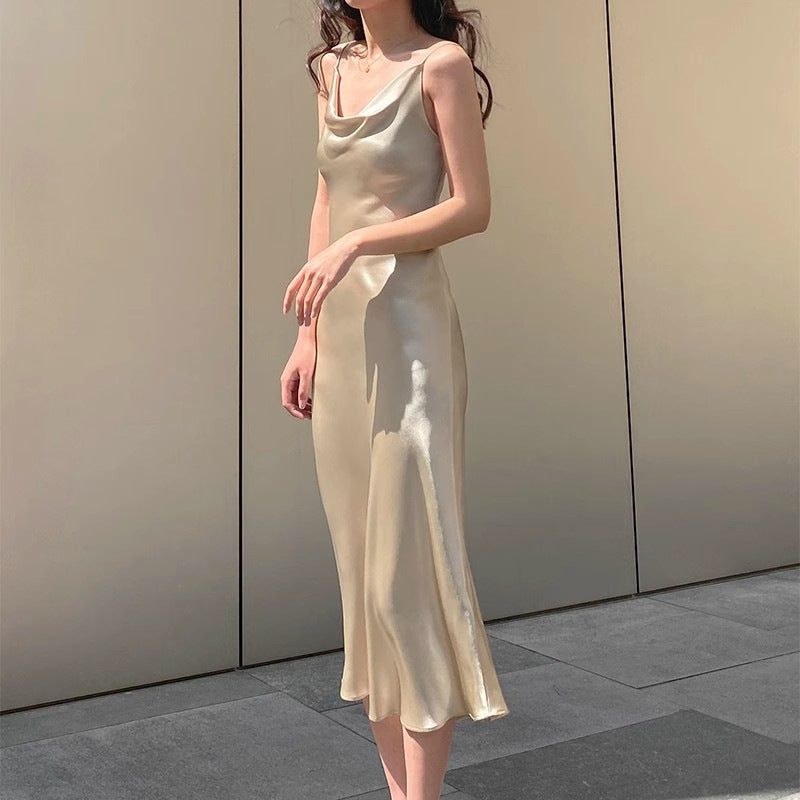 French Satin Swing Collar Fishtail Maxi Dress for Women