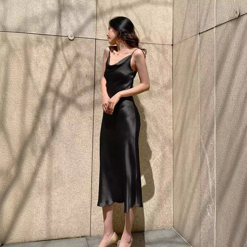 French Satin Swing Collar Fishtail Maxi Dress for Women