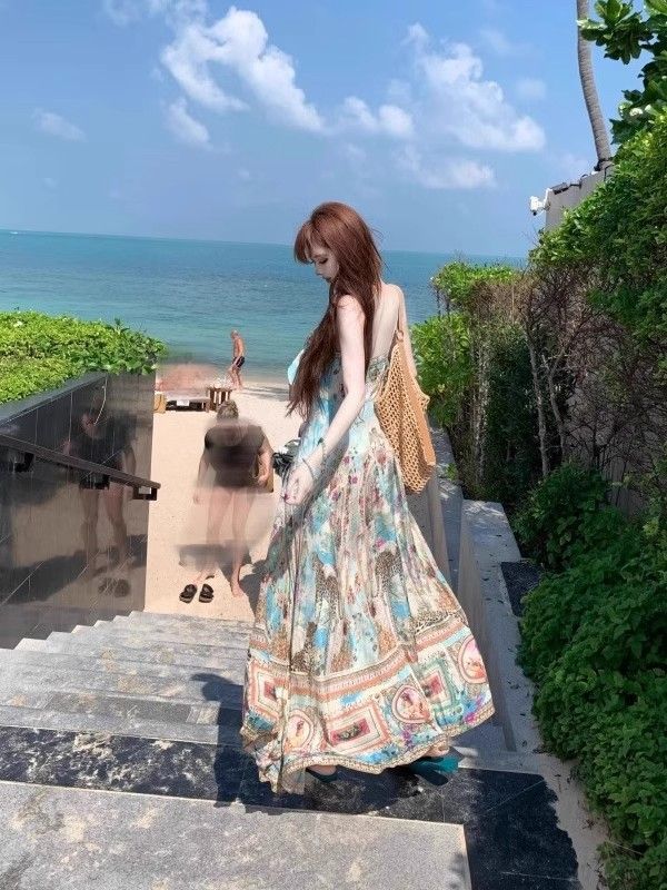 French Floral Backless Strap Beach Dress for Women