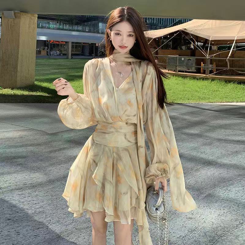French Floral V Neck Long Sleeve A-Line Dress for Women