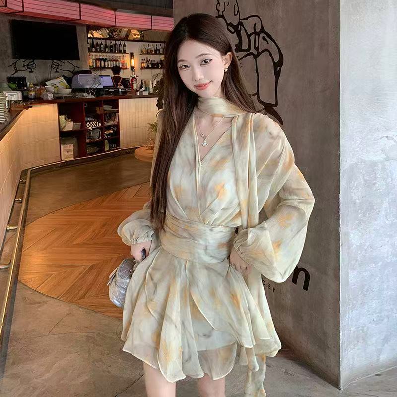 French Floral V Neck Long Sleeve A-Line Dress for Women