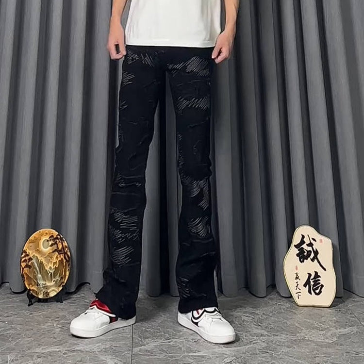 Men’s Black Embroidered Slim Flared Jeans