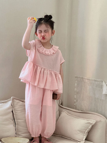 2026 Summer New Children's Clothing Korean Style Girls' Pink Lace Collar Doll Shirt Suit Children's Mosquito-Proof Pants S...
