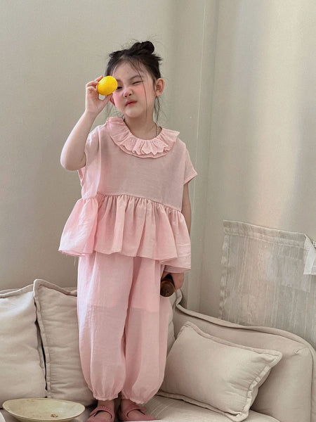 2026 Summer New Children's Clothing Korean Style Girls' Pink Lace Collar Doll Shirt Suit Children's Mosquito-Proof Pants S...