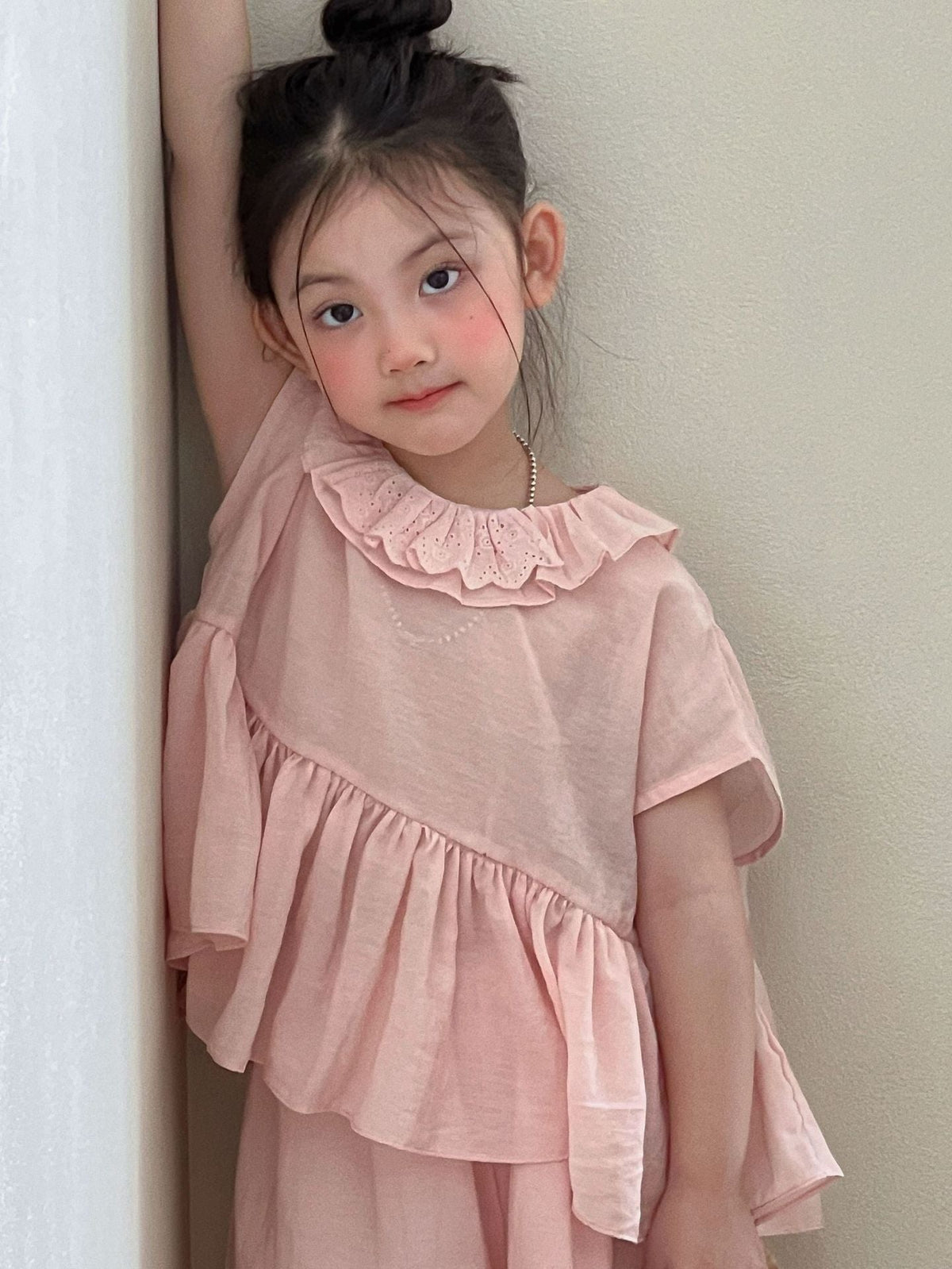 2026 Summer New Children's Clothing Korean Style Girls' Pink Lace Collar Doll Shirt Suit Children's Mosquito-Proof Pants S...