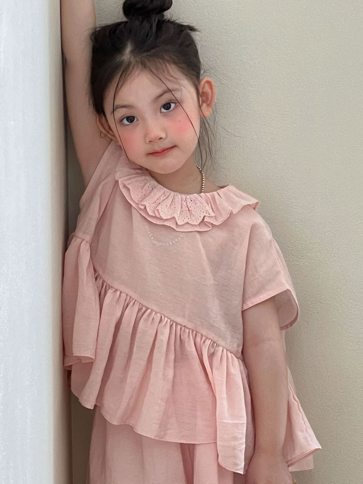 2026 Summer New Children's Clothing Korean Style Girls' Pink Lace Collar Doll Shirt Suit Children's Mosquito-Proof Pants S...