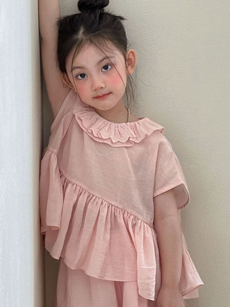 2026 Summer New Children's Clothing Korean Style Girls' Pink Lace Collar Doll Shirt Suit Children's Mosquito-Proof Pants S...