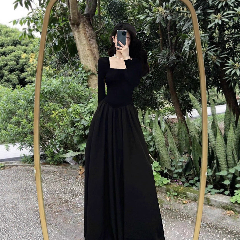 Black Hepburn Square Collar Slim Long Dress Women 2025
