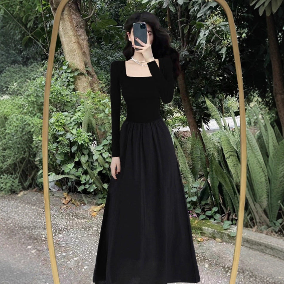 Black Hepburn Square Collar Slim Long Dress Women 2025