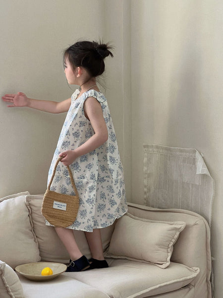 Girls Blue Floral Sleeveless Midi Dress Summer 2026 – Summer Kids Fashion Nepal | Tudoholic