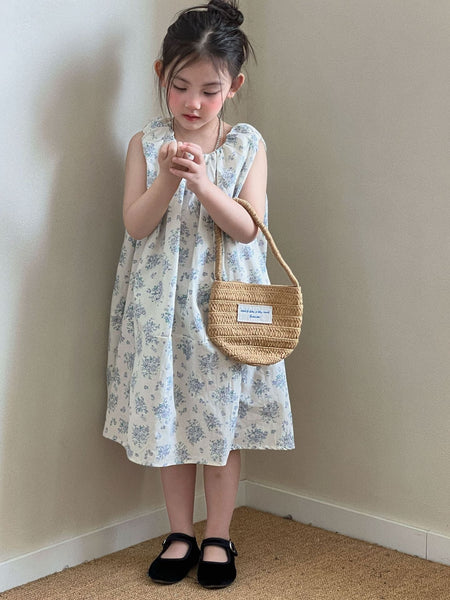 Girls Blue Floral Sleeveless Midi Dress Summer 2026 – Summer Kids Fashion Nepal | Tudoholic