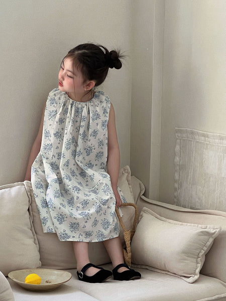 Girls Blue Floral Sleeveless Midi Dress Summer 2026 – Summer Kids Fashion Nepal | Tudoholic
