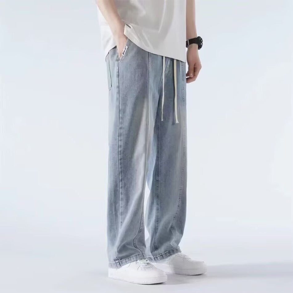 Unisex Drawstring Elastic Waist Distressed Jeans