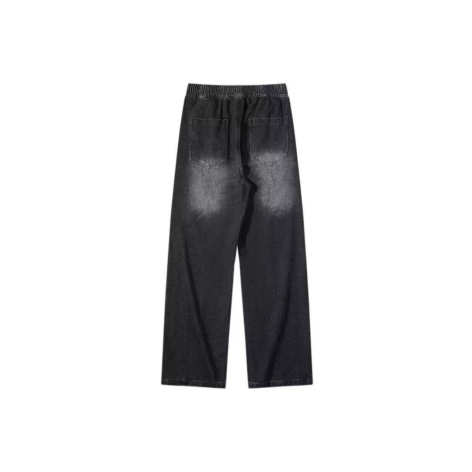 Unisex Drawstring Elastic Waist Distressed Jeans