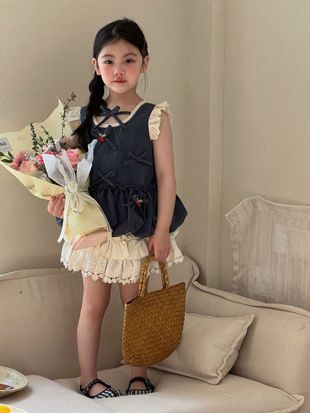 Girls Cherry Bow Lace Skirt Pants Set Summer 2026 – Summer Kids Fashion Nepal | Tudoholic
