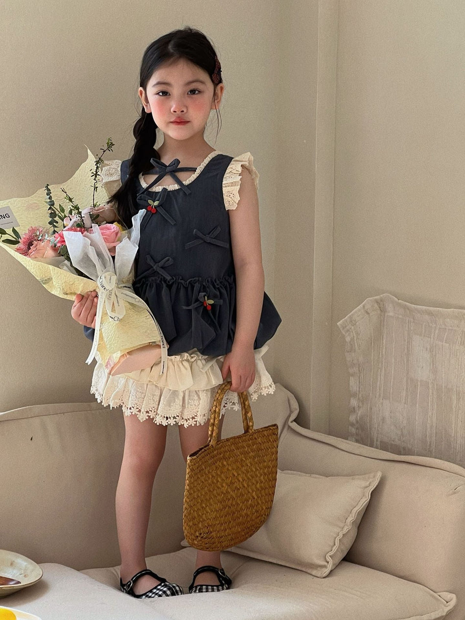 Girls Cherry Bow Lace Skirt Pants Set Summer 2026 – Summer Kids Fashion Nepal | Tudoholic