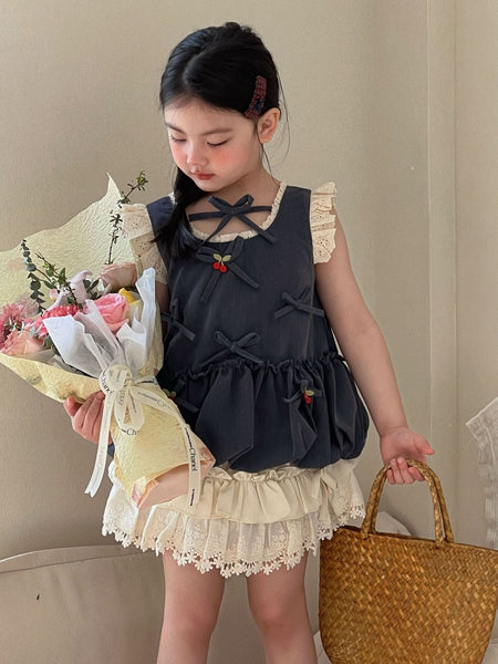 Girls Cherry Bow Lace Skirt Pants Set Summer 2026 – Summer Kids Fashion Nepal | Tudoholic