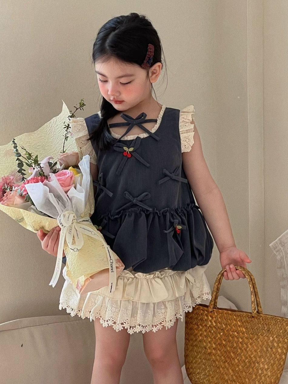Girls Cherry Bow Lace Skirt Pants Set Summer 2026 – Summer Kids Fashion Nepal | Tudoholic