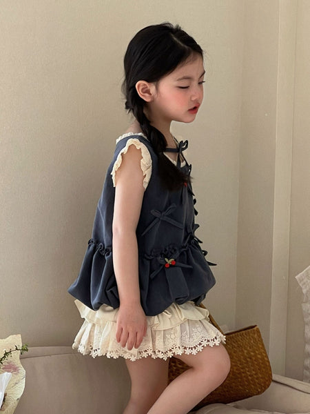 Girls Cherry Bow Lace Skirt Pants Set Summer 2026 – Summer Kids Fashion Nepal | Tudoholic