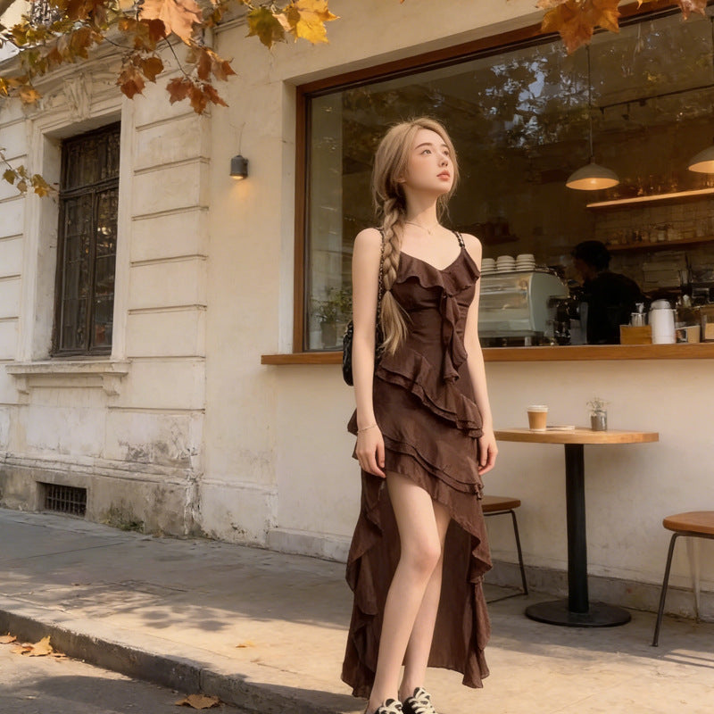 Ruffled V-Neck Suspender Summer A-Line Dress Women