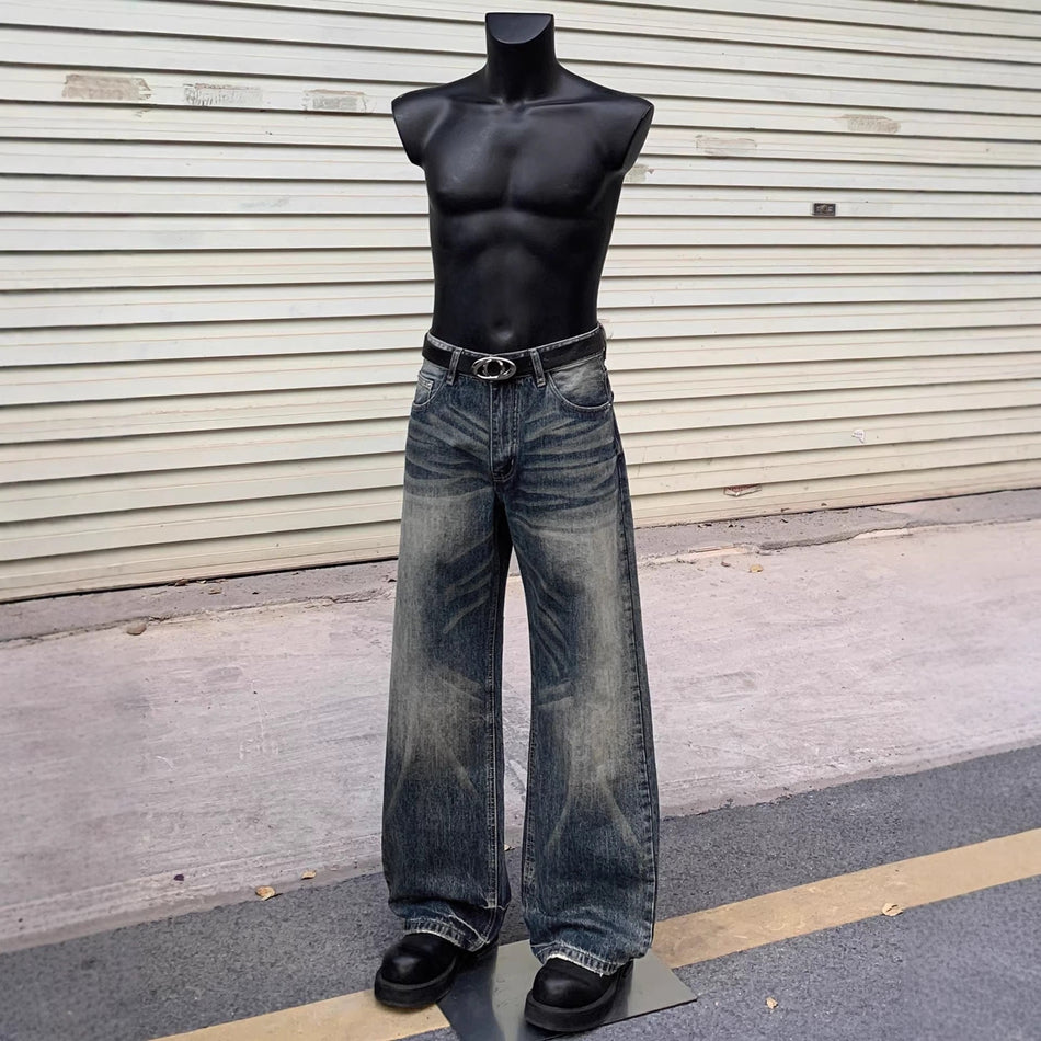 Unisex Washed Pleated Wide-Leg Retro Jeans