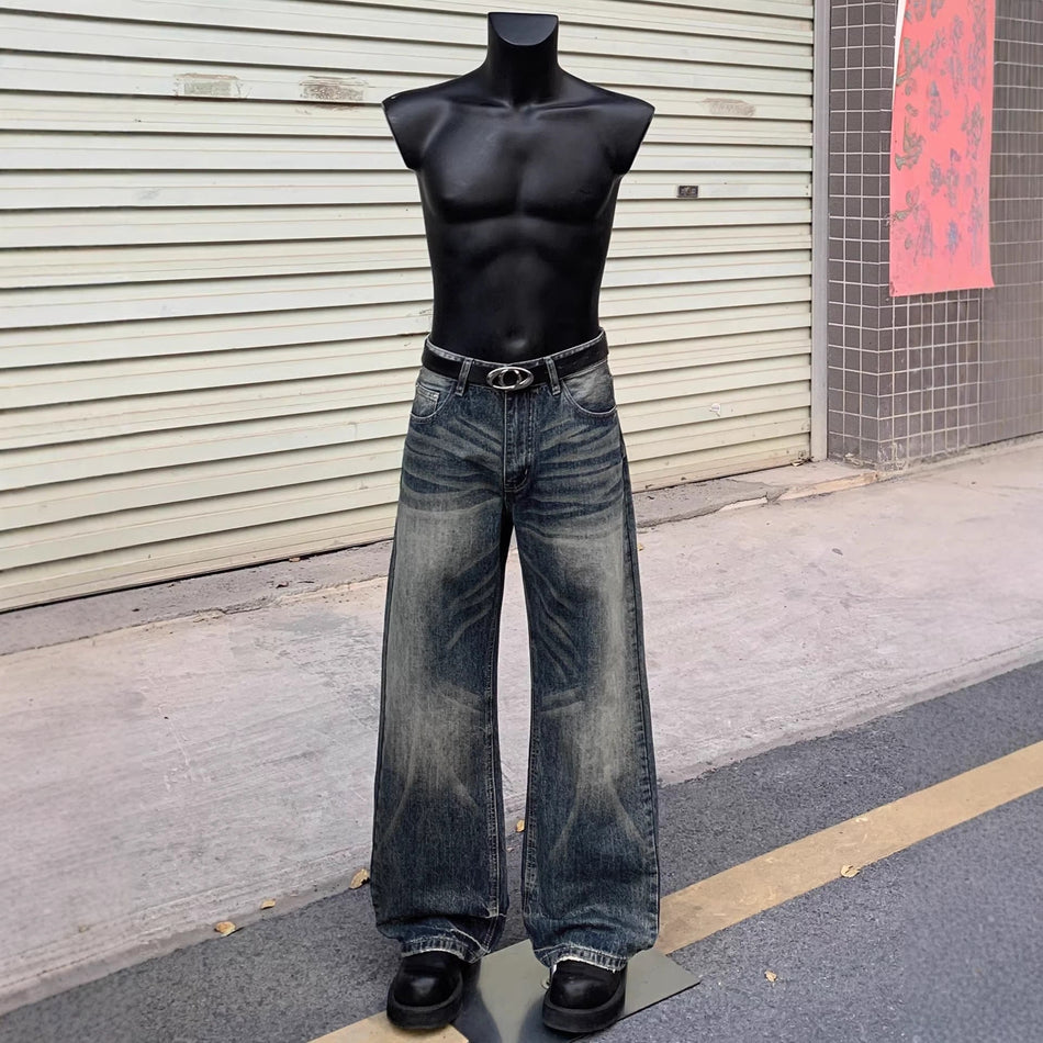 Unisex Washed Pleated Wide-Leg Retro Jeans