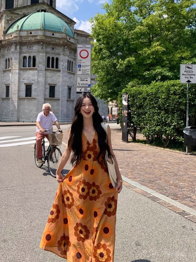 Floral V-Neck Beach Maxi Dress for Women Summer