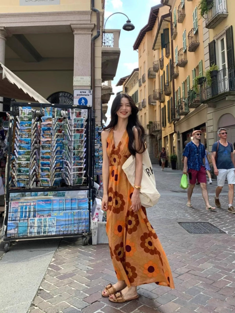 Floral V-Neck Beach Maxi Dress for Women Summer